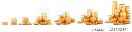 Golden coins, different stacks of golden coins. 3D rendering 121702544