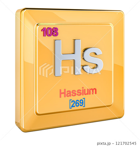 Hassium Hs, chemical element sign with number 108 in periodic table. 3D rendering Hassium Hs, chemical element sign with number 108 in periodic table. 3D rendering 121702545
