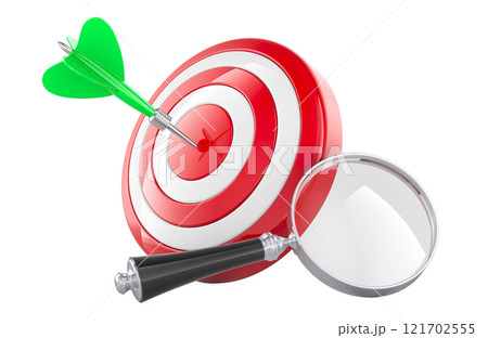 Target with arrow in bullseye with magnifying glass. 3D rendering 121702555