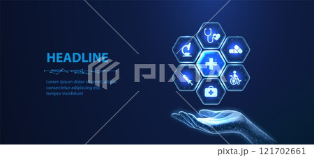 Medical icons inside hexagons around medical cross and holding hand. Health care plane, patient service digital technology, ai integrate, futuristic pharmacy, innovation concept Medical icons inside hexagons around medical cross and holding hand. Health care plane, patient service digital technology, ai integrate, futuristic pharmacy, innovation concept 121702661