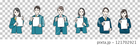 Illustration of male and female students wearing school uniforms holding flip charts 121702921