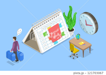 3D Isometric Flat Vector Illustration of Annual Leave , Joyful Person Carrying Suitcase After Noting Annual Leave On Calendar 121703067
