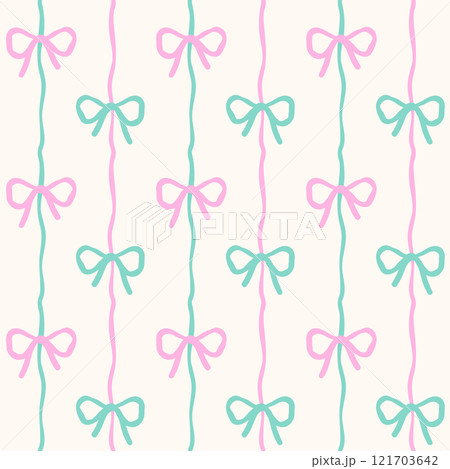 Retro Wavy Bows Minimal Seamless Pattern Mint and Pink Vertical Squiggle Hand Drawn isolated on background 121703642