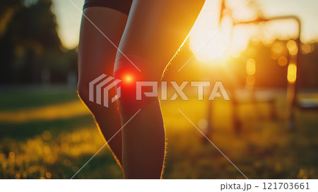 Close-up of woman's leg highlighting knee injury with glowing pain area during outdoor workout in sunset light Close-up of woman's leg highlighting knee injury with glowing pain area during outdoor workout in sunset light 121703661