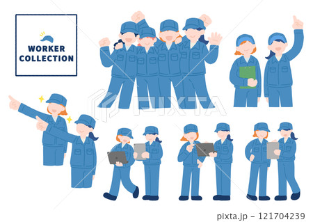 作業服を着た複数の女性のフラットなイラスト(セット) 作業服を着た複数の女性のフラットなイラスト(セット) 121704239