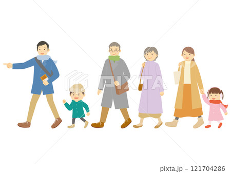冬に観光をする6人の家族のイラストのセット 冬に観光をする6人の家族のイラストのセット 121704286