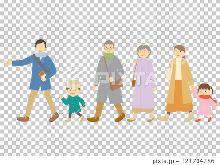 冬に観光をする6人の家族のイラストのセット 冬に観光をする6人の家族のイラストのセット 121704286