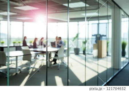 ガラス壁とぼやけた会議風景が特徴のモダンなオフィス 121704632