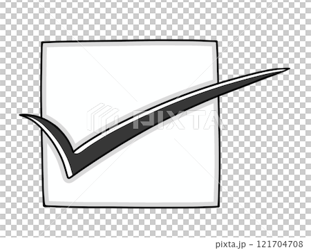 A check mark sticking out from within a simple, loosely-fitted square frame, solid color 121704708