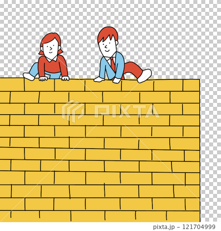 Illustration of a man and woman climbing over a high wall 121704999