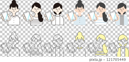 Simple female icon 4 patterns_troubled face_smartphone Simple female icon 4 patterns_troubled face_smartphone 121705449