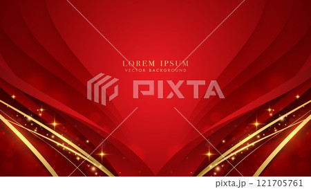 Luxury golden line with red curve, glitter light effect and bokeh decoration on red background 121705761