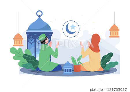 Muslim Couple Praying On Night Ramadan Muslim Couple Praying On Night Ramadan 121705927
