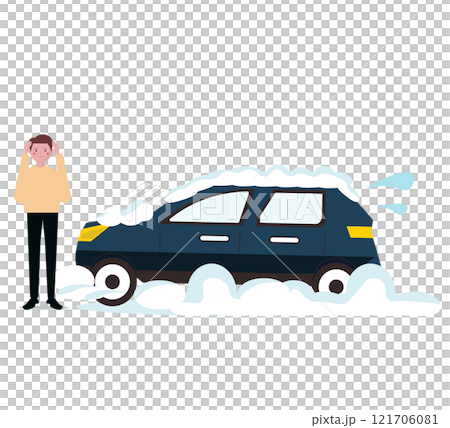 雪道で車がスタックして立往生をする男性。ベクターイラスト 雪道で車がスタックして立往生をする男性。ベクターイラスト 121706081