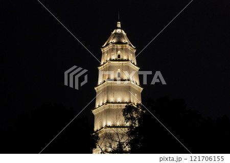 Chongqing, China - 22 Jan 2024: Illuminated Chinese stupa Chongqing, China - 22 Jan 2024: Illuminated Chinese stupa 121706155
