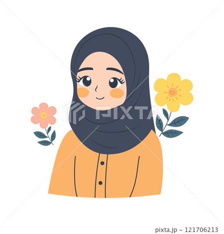 Cute Muslim Little Girl Cartoon Character Smiling Wearing Hijab with Flower Floral Decoration 121706213