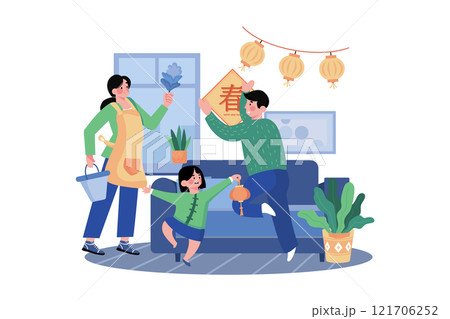The Family Has Wall Decorations When Preparing The House For The Lunar New Year. 121706252