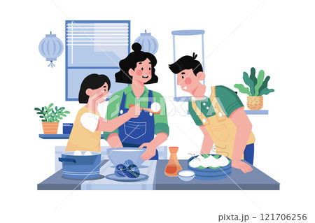 Kids Help Parents Cook For New Year's Dinner. 121706256