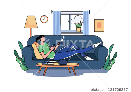 Girl Heaving Coffee And Relaxing On The Sofa 121706257