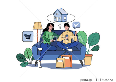 Couple Sitting On The Sofa And Thinking About The Goods They Want To Buy 121706278