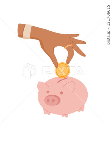 Hand holds a coin over a piggy bank. Gesture of saving cash into piggy bank. Flat graphic style, ideal for finance concepts, digital media, and business illustrations. 121706615