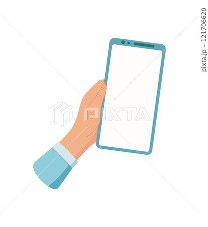 A hand holds a modern smartphone with a blank template. This device serves as mobile platform for user applications. The touch screen is perfect for digital media or communication needs. 121706620