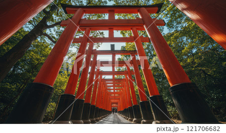 赤い鳥居が続く並木風景 121706682