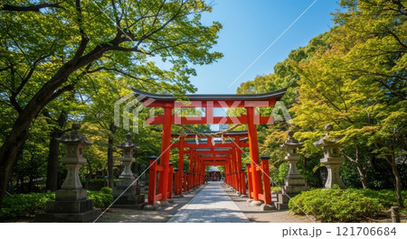 赤い鳥居が続く並木風景 121706684