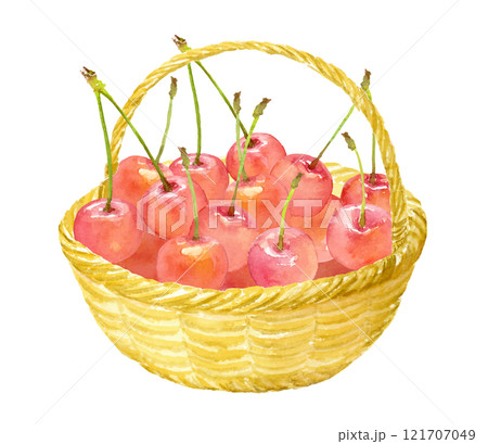 かごに入ったさくらんぼの水彩イラスト かごに入ったさくらんぼの水彩イラスト 121707049