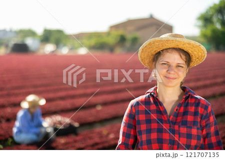 Positive female farm worker in a straw hat posing at plantation on sunny summer day Positive female farm worker in a straw hat posing at plantation on sunny summer day 121707135