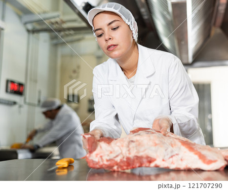 Woman seller demonstration quality porks in butcher supermarket Woman seller demonstration quality porks in butcher supermarket 121707290