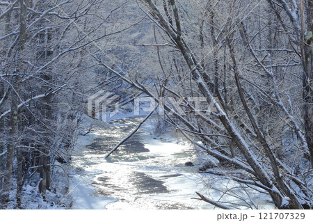 北海道 真冬の渓流 霧氷と結氷した川 北海道 真冬の渓流 霧氷と結氷した川 121707329