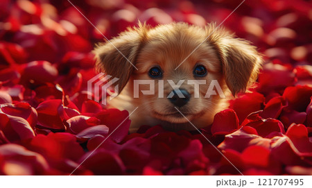 Dog and valentine day concept. Adorable puppy surrounded by vibrant red rose petals, evoking warmth and love 121707495
