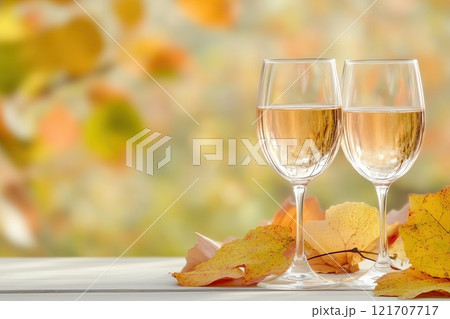 Two clear glasses filled with rose wine are placed on a wooden surface surrounded by colorful autumn leaves. Soft sunlight creates a warm, inviting atmosphere, perfect for celebrations. 121707717