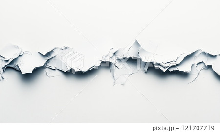 Torn white paper lays flat against a light background, showcasing a variety of textures and edges, ideal for creative projects, presentations, or modern aesthetic designs. 121707719