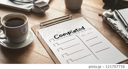 A clipboard with a completed checklist rests on a wooden desk alongside a cup of coffee, symbolizing productivity, accomplishment, and organization in a workspace. 121707738