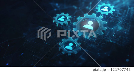 Multiple glowing gears with user icons symbolize digital connections, teamwork, and innovation in a futuristic interconnected system. 121707742