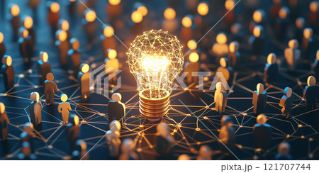 A glowing lightbulb in a network of connected people highlights creativity, innovation, teamwork, and collaborative problem-solving in a conceptual digital environment. 121707744