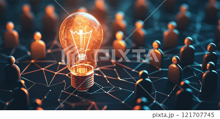 A glowing lightbulb in a network of connected people highlights creativity, innovation, teamwork, and collaborative problem-solving in a conceptual digital environment. A glowing lightbulb in a network of connected people highlights creativity, innovation, teamwork, and collaborative problem-solving in a conceptual digital environment. 121707745