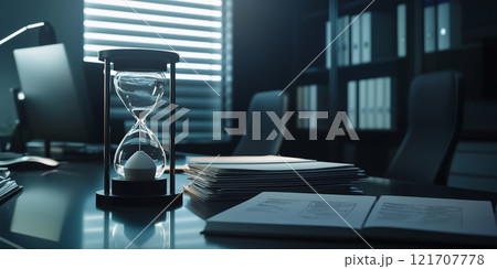 A sand hourglass placed on an office desk with documents, symbolizing time management, workload, and focus in a professional setting. 121707778