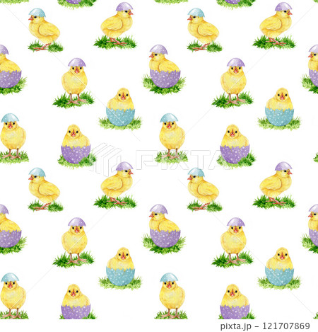 Easter mood adorable yellow chicks, pastel color painted eggs seamless pattern on white background. Hand drawn watercolor illustration. Perfect for Easter festive decor and spring crafts Easter mood adorable yellow chicks, pastel color painted eggs seamless pattern on white background. Hand drawn watercolor illustration. Perfect for Easter festive decor and spring crafts 121707869