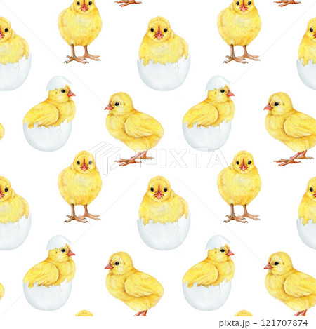 Cute yellow chicks with eggs seamless pattern on white background. Hand drawn vintage style illustration. Perfect for Easter designs, spring decor, baby showers, kids projects and rustic-themed art Cute yellow chicks with eggs seamless pattern on white background. Hand drawn vintage style illustration. Perfect for Easter designs, spring decor, baby showers, kids projects and rustic-themed art 121707874