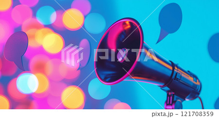A megaphone with colorful speech bubbles and vibrant bokeh background, symbolizing communication and expression. 121708359