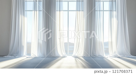 White translucent curtains softly illuminated by natural light streaming through a large window, creating a clean and serene atmosphere 121708371