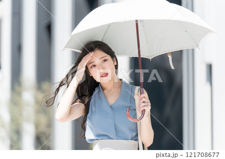 オフィス街で暑そうに日傘をさして歩くビジネスウーマン オフィス街で暑そうに日傘をさして歩くビジネスウーマン 121708677