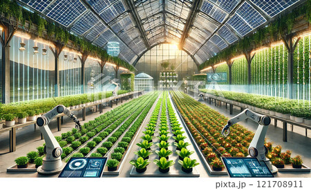未来のスマート農業：AIロボットとソーラーパネル温室による持続可能な食料生産 121708911