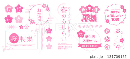 バナーのデザインにそのまま使える。春イメージのピンクのフレーム。和風のあしらい見出しセット。 121709185