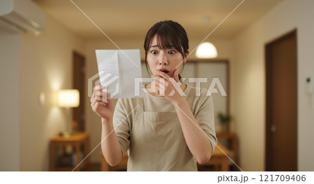 手紙 通知 請求書 答案用紙 を片手に驚愕の表情を浮かべる若い主婦の上半身ポートレート ハッとした顔 121709406