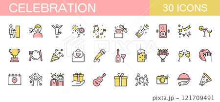 お祝いに関するラインアイコンセット　誕生日・結婚式・受賞など　カラー 121709491