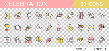 お祝いに関するラインアイコンセット　誕生日・結婚式・受賞など　カラー 121709491